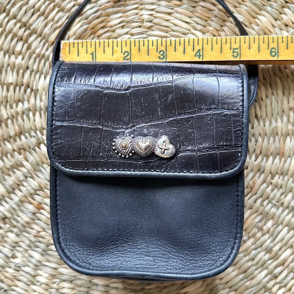 Brighton Vintage Black Leather Croc Embossed Heart Crossbody Mini Bag